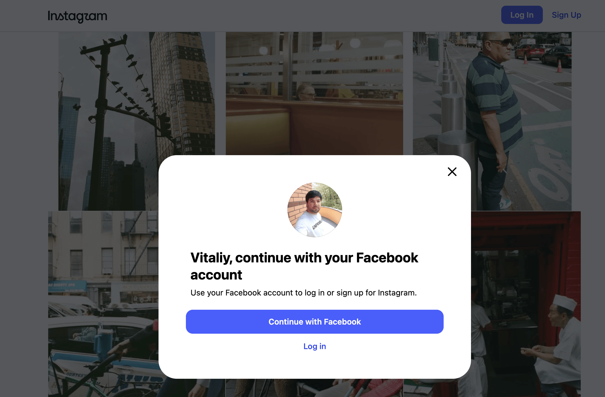Instagram login popup covering the entire screenshot — registration form blocks page content